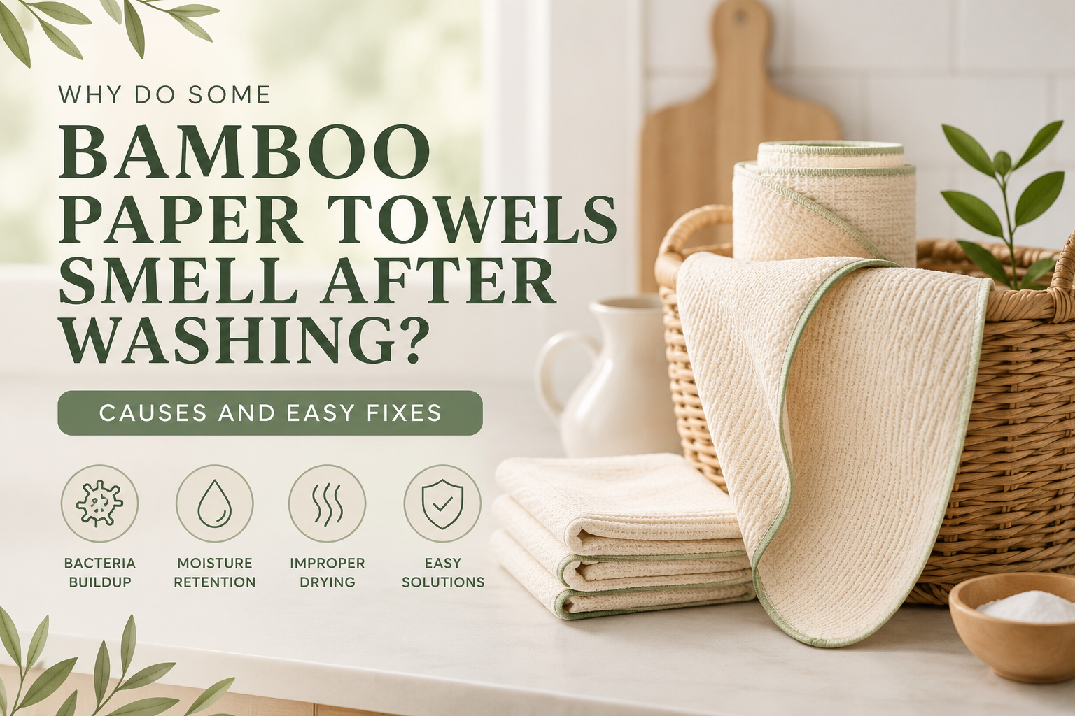 Smelly bamboo paper towels after washing with moisture and bacteria buildup concept in eco-friendly kitchen cleaning