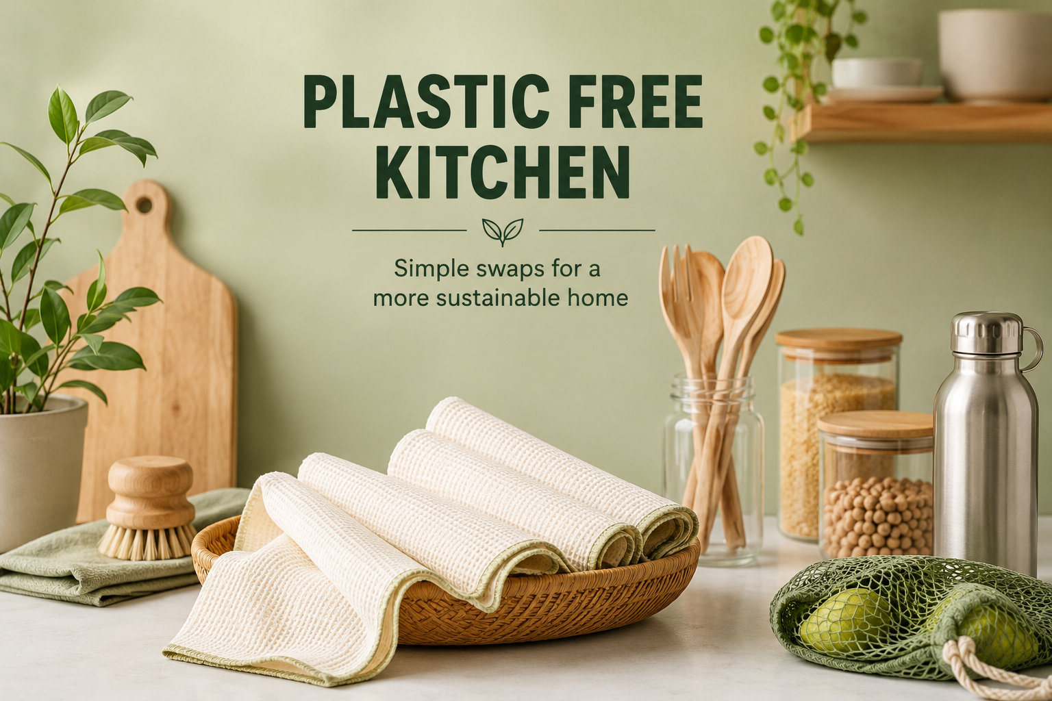 Plastic Free Kitchen featuring reusable bamboo paper towels, glass storage jars, wooden utensils, and sustainable kitchen essentials