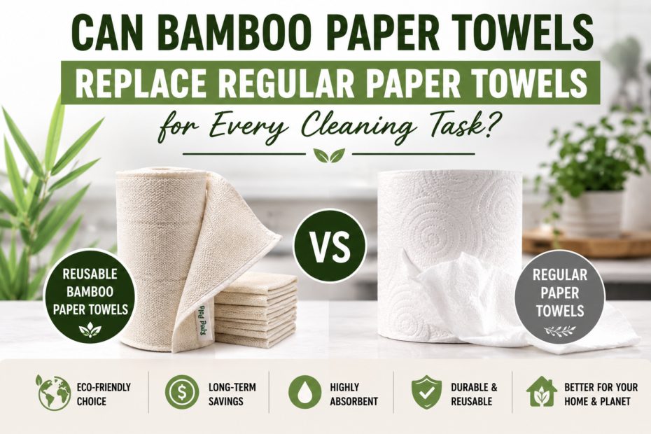 Reusable bamboo paper towels being used for eco-friendly kitchen cleaning and replacing traditional paper towels in household tasks